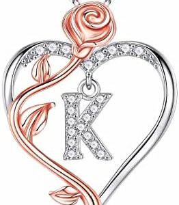 Rose Heart Necklaces Gifts for Women, 925 Sterling Silver Rose Love Heart Initial Letter Pendant Necklace Jewelry Mothers Day Valentines Christmas Birthday Gifts for Her Mom Wife Girlfriend