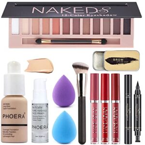 All in One Makeup Kit For Girls12 Colors Naked Eyeshadow Palette, Nude For PHOERA Foundation Face Primer, Makeup Brush, Makeup Sponge, Eyebrow Soap Kit Brows Gel, Winged Eyeliner Stamp Makeup Set (SetA)