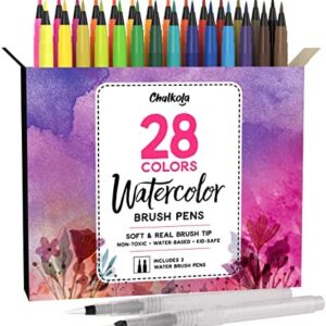 Chalkola Watercolor Brush Pens for Lettering, Coloring, Calligraphy - Set of 28 Colors, 15 Water Color Painting Pad & 2 Paint Brush Markers - Drawing Art Supplies for Kids, Adults, Professional Artist