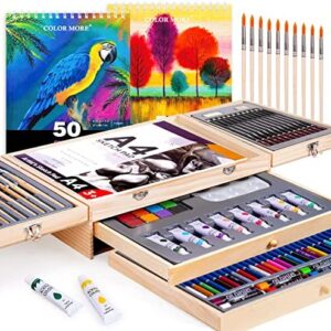 Professional Art Set 85 Piece with Drawing Pads, Deluxe Art Kit in Portable Wooden Case-Painting & Drawing Set,Art Supplies for Teens and Adults/Perfect Gift，Painting Supplies (White)