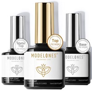 Modelones Base & Gel Top Coat for Gel Nail Polish, 3Pcs Matte and High Gloss Shiny No Wipe Top Coat, 10ml Long Lasting Top Coat