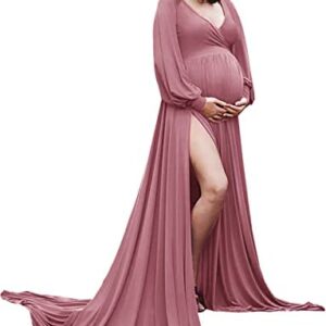 ChoiyuBella Maternity Gown Bishop Sleeves Baby Shower Dress Wrap Side Slit Sweetheart Maxi Photo Shoot for Photography