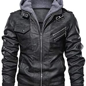 Hood Crew Men’s Casual Stand Collar PU Faux Leather Zip-Up Motorcycle Bomber Jacket With a Removable Hood