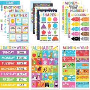 16 Educational Posters for Classroom Decor & Kindergarten Homeschool Supplies Baby to 3rd Grade Kids, Laminated PreK Learning Chart Materials – US & World Map, ABC Alphabet, Shapes, Days of the Week