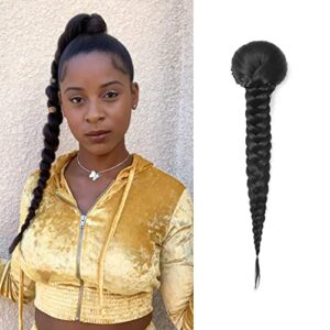 16 Inch Braided Ponytail Hair Synthetic Mdium length Drawstring Ponytail Clip In Hair Extension Ponytail Braiding Hair Black Braided Hair Drawstring Ponytail Synthetic for Women (16 Inch, 1B)