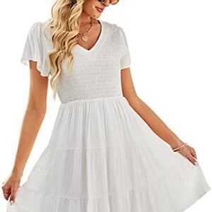 IHOT Womens Summer Casual V Neck Short Flutter Sleeve Long Sleeve Smocked Ruffle Flowy Swing Tiered Floral Mini Dress