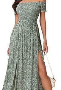 Floerns Women's Boho Floral Print Off Shoulder Split Long A Line Dress