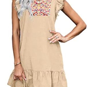 KIRUNDO Women's Summer Mini Dress Casual V Neck Floral Embroidery Ruffle Sleeveless Shift Dress Flowy Boho Dress