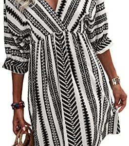 Romwe Women's Boho Tribal Print Short Sleeve V Neck Tie Back Summer Shift Dress