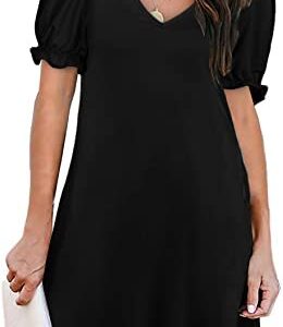 Aloodor Women's Casual Dresses Short/Long Sleeve V-Neck Dress with Pockets
