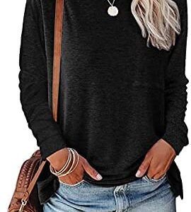 YESNO Women Casual Loose Long Sleeve Shirts Crewneck Solid Tops Pullover Sweatshirts with Pocket TY2