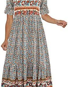 Women's Summer Bohemian Square Neck Floral Print Ruffle Vintage Flowy Beach Vacation Long Midi Boho Dress
