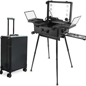 Lorvain Rolling Makeup Train Case with Lighted Mirror, 24 inch Large Make up Cosmetic Orgainzer Box Travel Case with Bluetooth, Professional Protable Aluminum Trolley Salon Staion