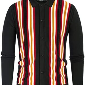 Mens Vintage Striped Knit Polo Shirt Long and Short Sleeve Button Down Cardigan