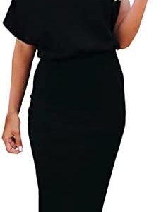 Ezbelle Women's Off The Shoulder Short Sleeve Ribbed Casual Party Bodycon Midi Dress