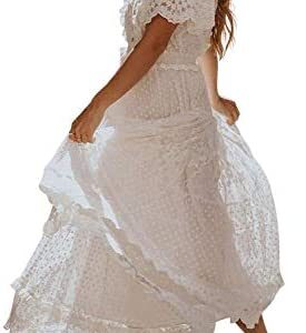 Bdcoco Women's V Neck Button Down Floral Lace Maxi Dress Casual Short Sleeve Boho Flowy Dresses