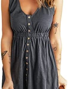 Acelitt Womens Casual Sleeveless Button Down Elastic Waist Swing Dresses, XS-2XL