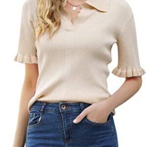 Womens Short Sleeve Polo Sweaters Ruffle Knit Pullover Summer Tops Collared V Neck Casual Knitwear Blouses Shirts