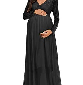 ZIUMUDY Maternity V Neck Chiffon Photography Gown Long Sleeve Lace Stitching Maxi Dress for Baby Shower