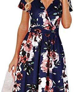 OUGES Women's Summer Short Sleeve V-Neck Floral Short Party Dress with Pockets