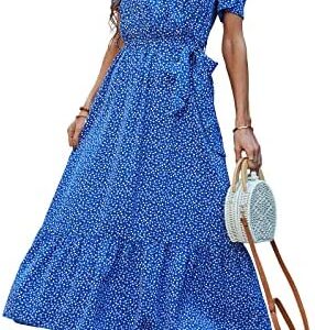 PRETTYGARDEN Women's Floral Summer Dress Wrap V Neck Short Sleeve Belted Ruffle Hem A-Line Bohemian Maxi Dresses