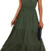 KIRUNDO Summer Women’s Sleeveless Maxi Dress Solid Tie Neck Dress High Waist Ruffle Hem Floral A-Line Dress
