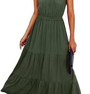 KIRUNDO Summer Women’s Sleeveless Maxi Dress Solid Tie Neck Dress High Waist Ruffle Hem Floral A-Line Dress