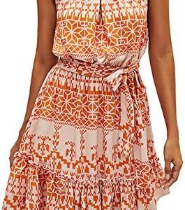 BTFBM Women Floral Dresses Casual Summer Sleeveless Halter Neck Ruffle Belt Boho Polka Dot Leopard Print Sun Short Dress