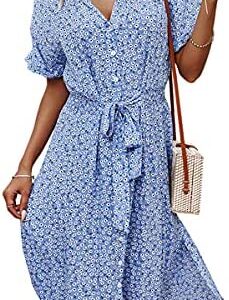Angashion Women Dresses Casual Short Sleeves Floral Print Button Down V Neck Summer Boho Midi Dress