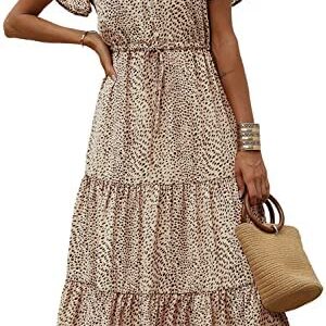PRETTYGARDEN Women's Floral Boho Dress Casual Short Sleeve V Neck Ruffle Tiered Summer Swing Maxi Dresses with Belt