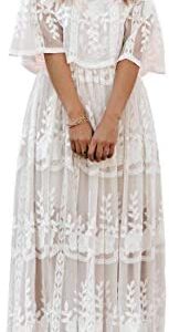 MERMAID'S CLOSET Womens Casual Off Shoulder Lace Maxi Dress White Wedding Bridesmaid Dress Lace Sleeve Beach Dresses