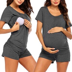 Ekouaer Women's Maternity Nursing Pajama Set Breastfeeding Sleepwear Set Double Layer Short Sleeve Top & Pants Pregnancy PJS