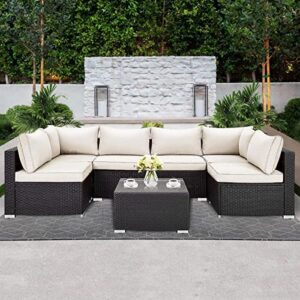 Lausaint Home Outdoor Patio Furniture, 7 Pieces Outdoor Sectional PE Rattan Wicker Patio Furniture Sets, All Weather Backyard Conversation Seat with Cushion and Glass Coffee Side Table (Beige)
