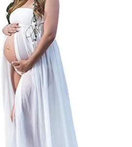 Women's Off Shoulder Strapless Maternity Dress for Photography Split Front Chiffon Gown for Photoshoot