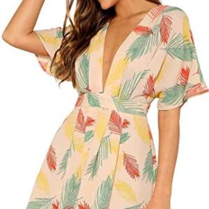 Floerns Women's Ditsy Floral Plunge Neck Knot Front A Line Short Dress