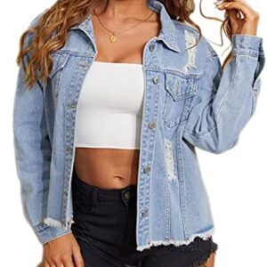 Saukiee Oversized Denim Jacket Distressed Boyfriend Jean Coat Jeans Trucker Jacket for Women Girls