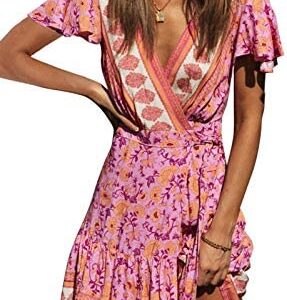 ZESICA Women’s Summer Wrap V Neck Bohemian Floral Print Ruffle Swing A Line Beach Mini Dress