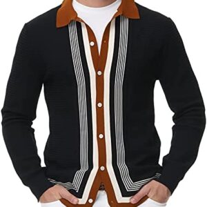 Mens Striped Vintage Polo Shirts Button Down Long Sleeve Lapel Collar Knitwear