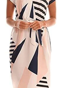 TEMOFON Women's Dresses Summer Floral Geometric Pattern Short Sleeve Midi V-Neck Casual Dress with Belt S-2XL