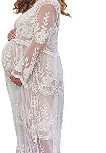 Women's Long Sleeve V Neck White Lace Floral Maternity Gown Maxi Photography Dress