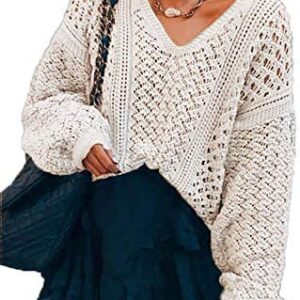 HZSONNE Womens Casual Loose Fit Hollow Out Slouchy Pullover Sweater Long Sleeve V Neck Crochet Knitwear Jumper Tops