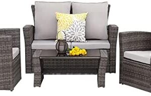 Wisteria Lane 4 Piece Outdoor Patio Furniture Sets, Wicker Conversation Set for Porch Deck, Gray Rattan Sofa Chair with Cushion