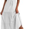 Qsllina Womens Ruffle Maxi Dress Casual Short Sleeve V Neck Flowy Solid Long Summer Dresses for Women
