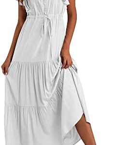 Qsllina Womens Ruffle Maxi Dress Casual Short Sleeve V Neck Flowy Solid Long Summer Dresses for Women