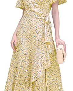 Women Floral Wrap Dress Midi Ruffle Flowy Dress V-Neck Boho Short Sleeve High Low Maxi Beach Summer Dress
