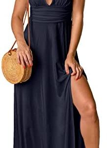ANRABESS Women's Deep V Neck Short Sleeve Long Dresses Pleated High Waist Slit Club Party Evening Maxi Dress