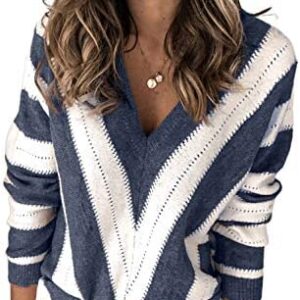 Elapsy Womens Color Block Striped V Neck Sweater Long Sleeve Pullover Knitted Sweater S-2XL