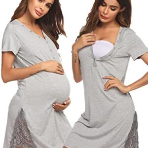 Ekouaer Nursing Nightgown Button Down Maternity Hospital Gown for Breastfeeding Delivery Labor Nightgown with Lace Trim