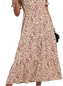 GRECERELLE Women's Summer Casual Loose Crewneck Boho Dress Ruffle Puff Sleeve High Waist Midi Beach Dress