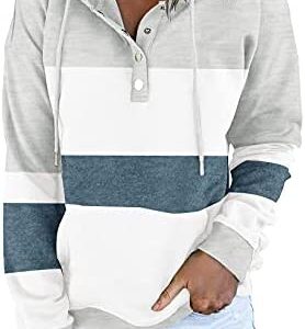 ETCYY Women's Color Block Hoodies Tops Long Sleeve Casual Drawstring Button Down Pullover Sweatshirt with Pocket